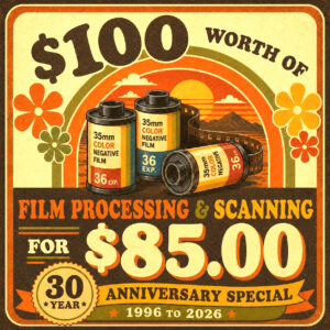Vintage poster offering $100 worth of film processing and scanning for $85.00, with 35mm film canisters and a sunset arc