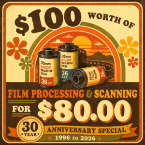 Retro advertisement poster offering $100 worth of film processing and scanning for $80, with film reels and a sunset arc design.