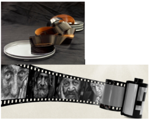 Curved strip of movie film with black-and-white portraits, plus empty film reels in the background.