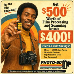 Vintage ad poster showing a man with a Nikon camera and a Kodak 400 film canister, promoting $500 of film processing and scanning for $400.