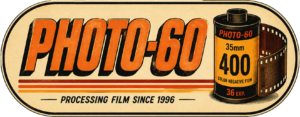 Vintage PHOTO-60 color negative film label with 35mm 400 film canister and retro stripes